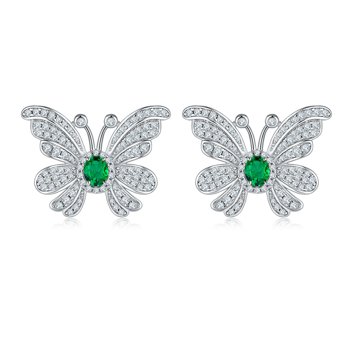0.39 Carat Oval Lab Created Emerald Butterfly Stud Earrings in S925 Silver Plated Platinum