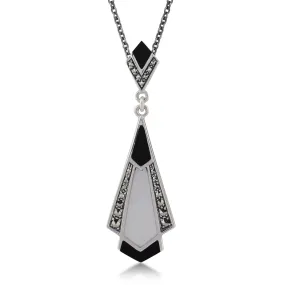 0,75k Schwarzer Onyx, Perlmutt & Markasit 925 Sterlingsilber Art Déco 45cm Halskette