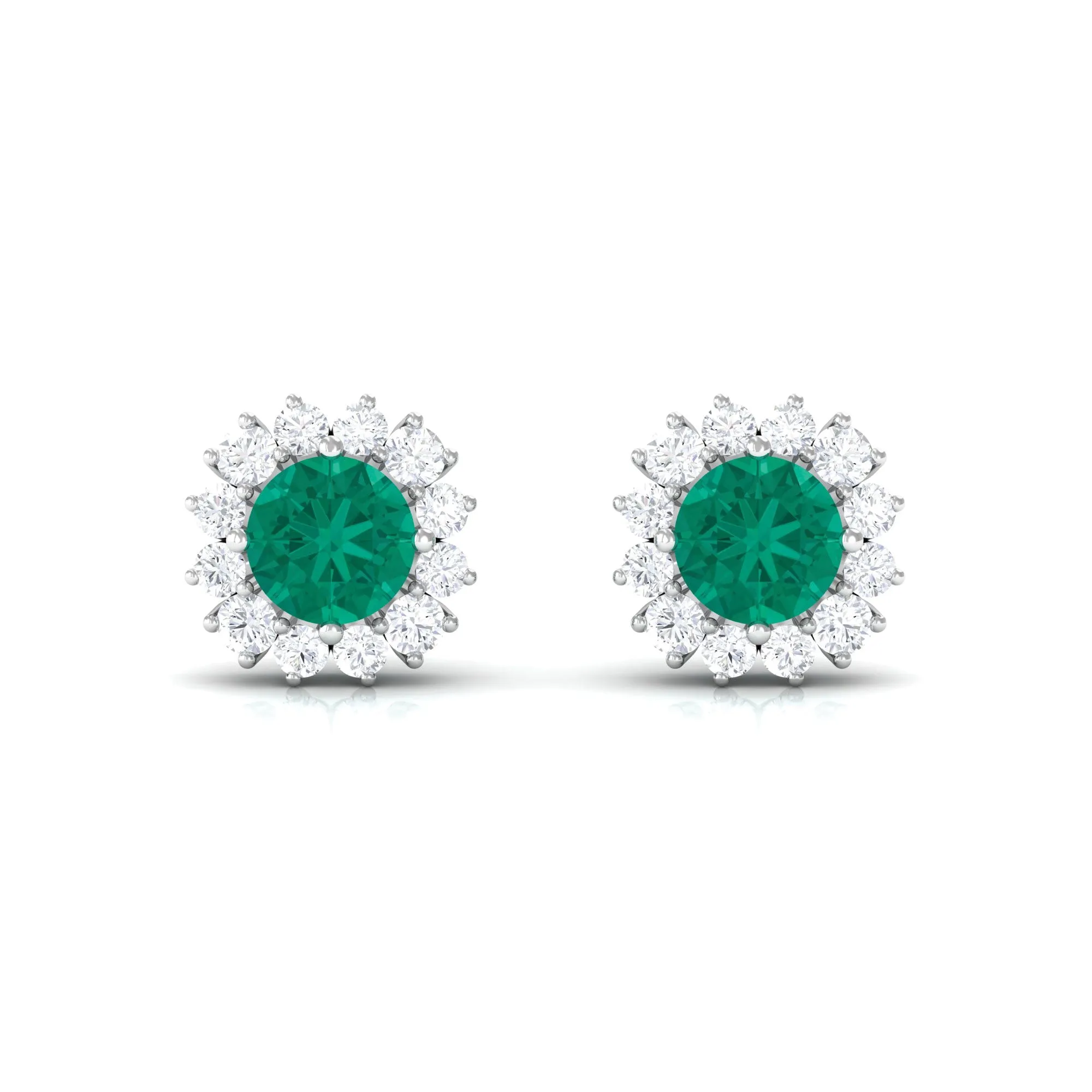 1 CT Emerald and Diamond Halo Stud Earrings