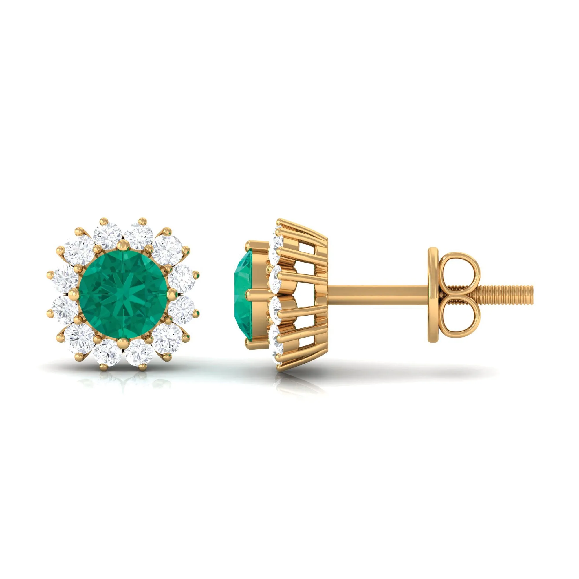 1 CT Emerald and Diamond Halo Stud Earrings