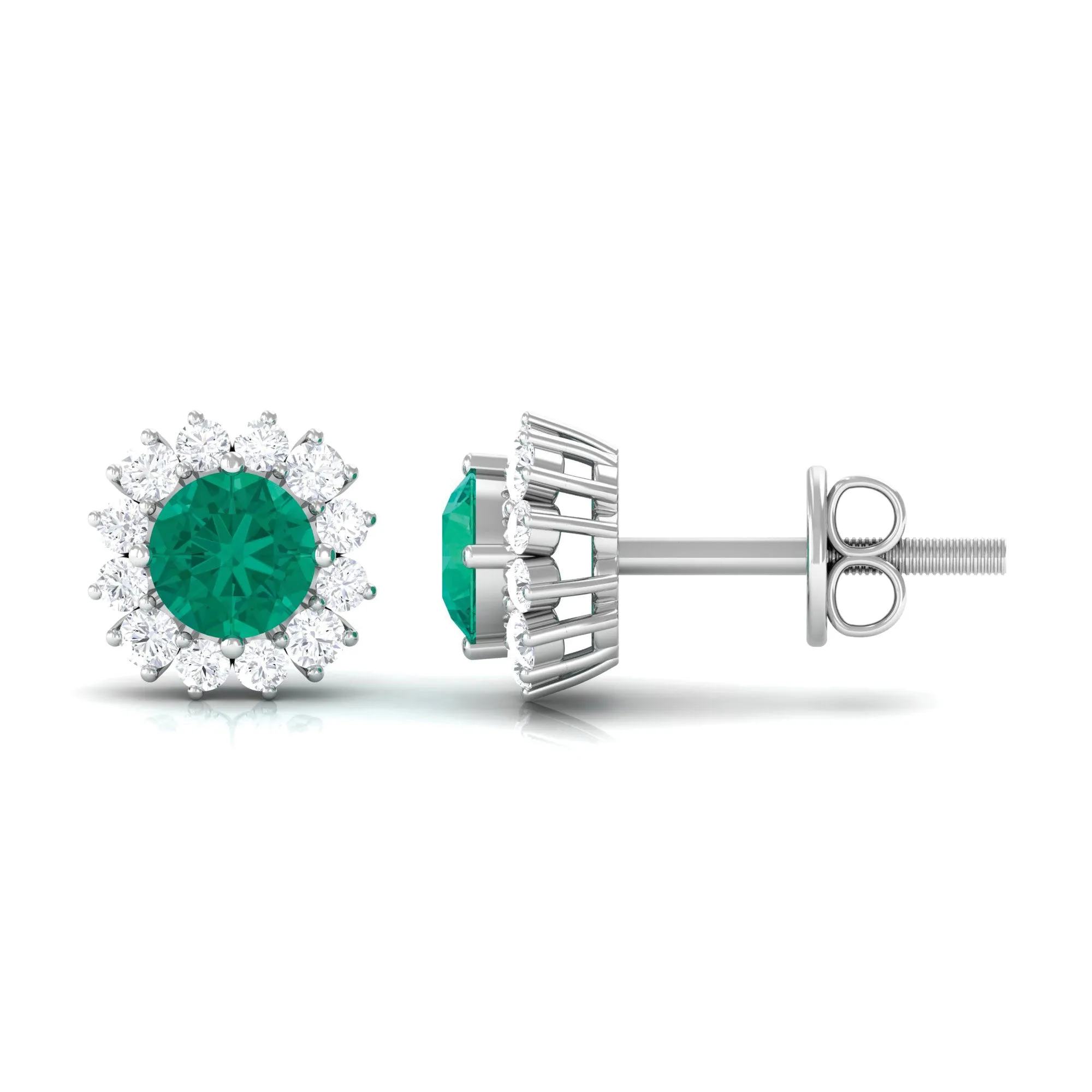 1 CT Emerald and Diamond Halo Stud Earrings