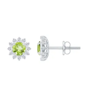 1 CT Peridot and Diamond Flower Halo Stud Earrings