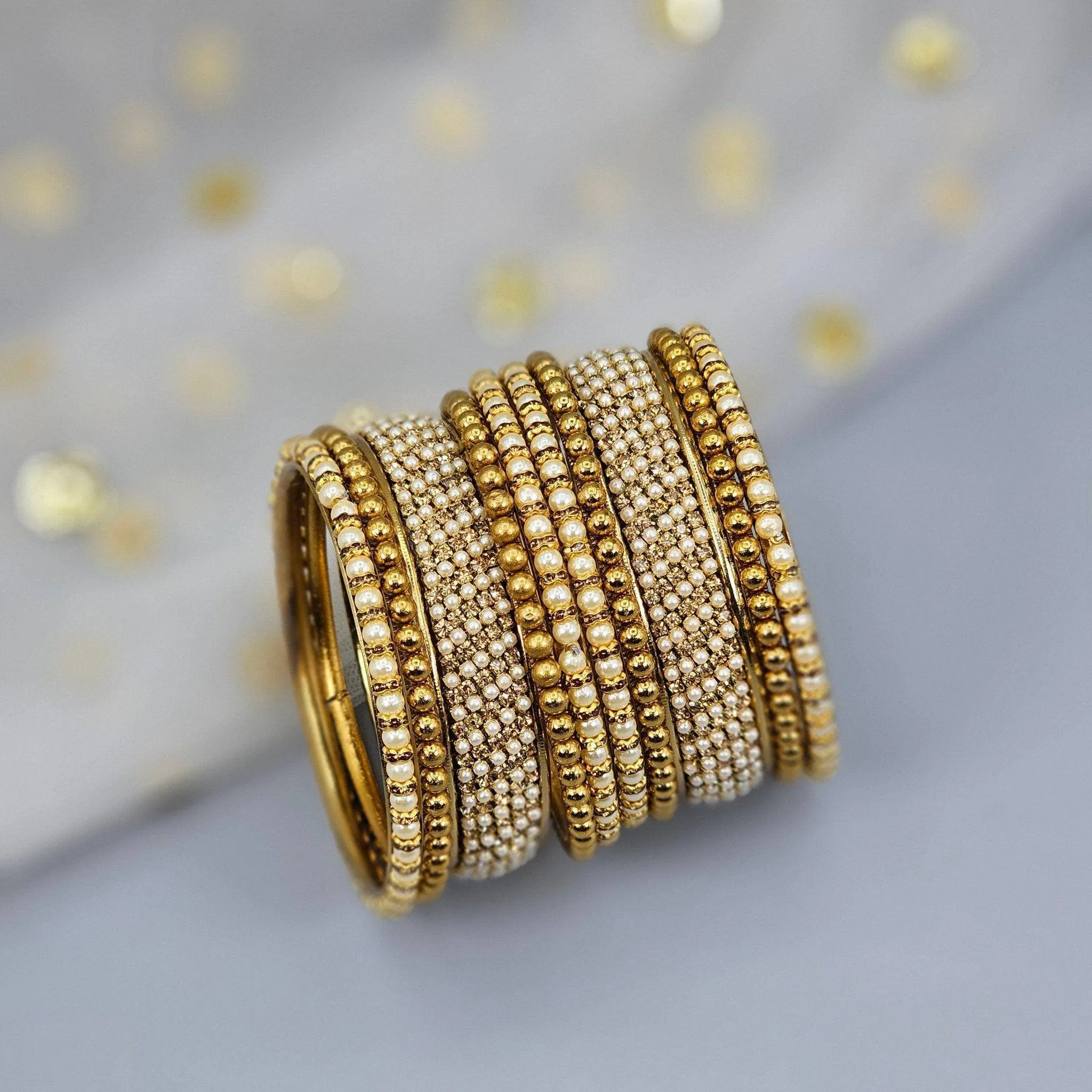 10 Pcs Pearl Bangle set - antique gold