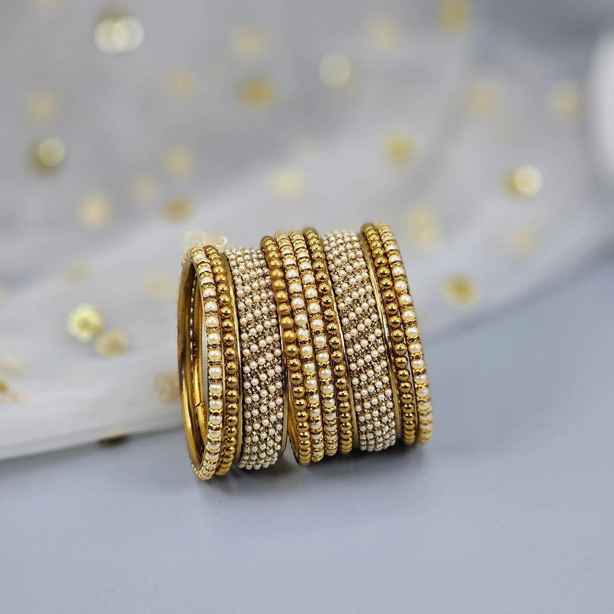 10 Pcs Pearl Bangle set - antique gold