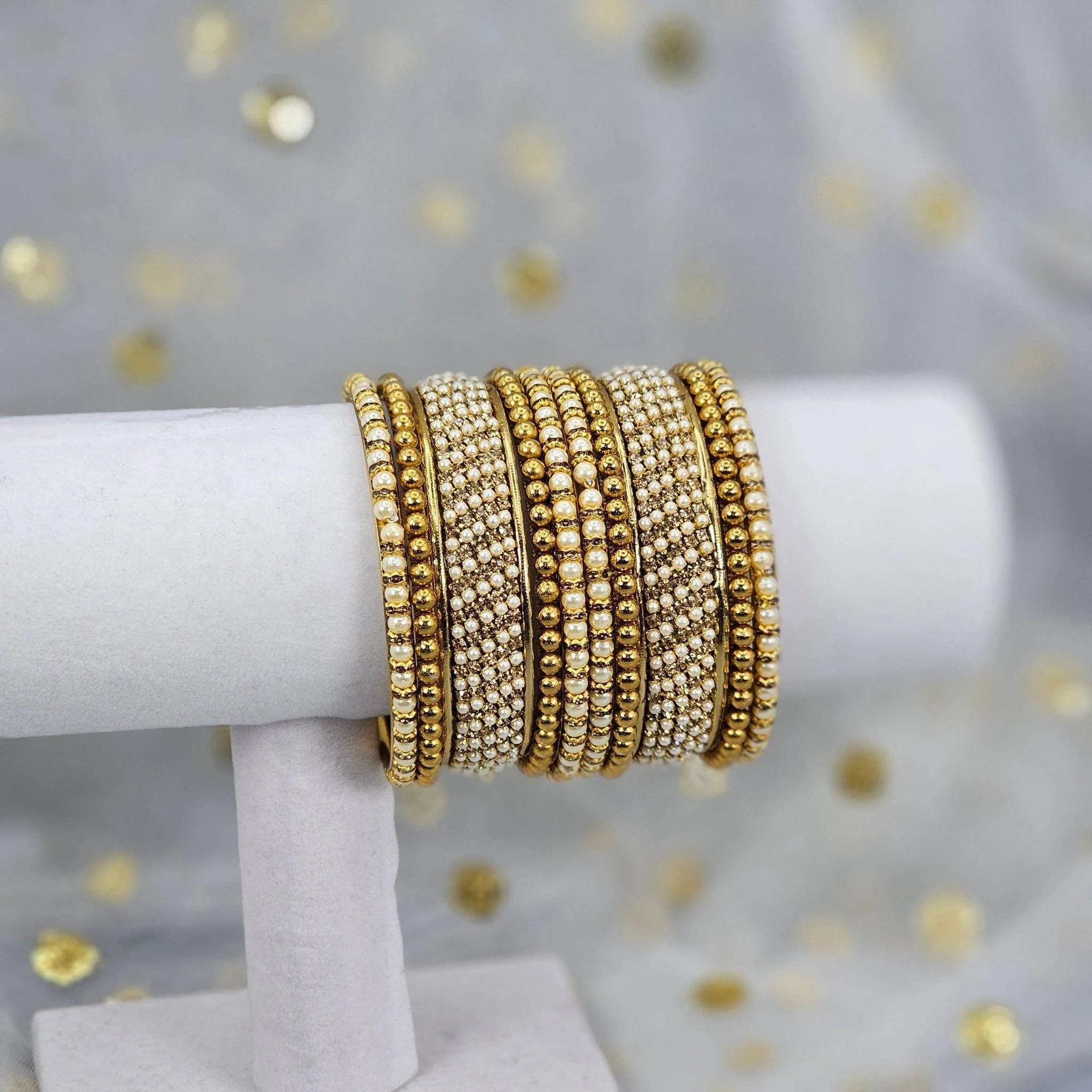 10 Pcs Pearl Bangle set - antique gold