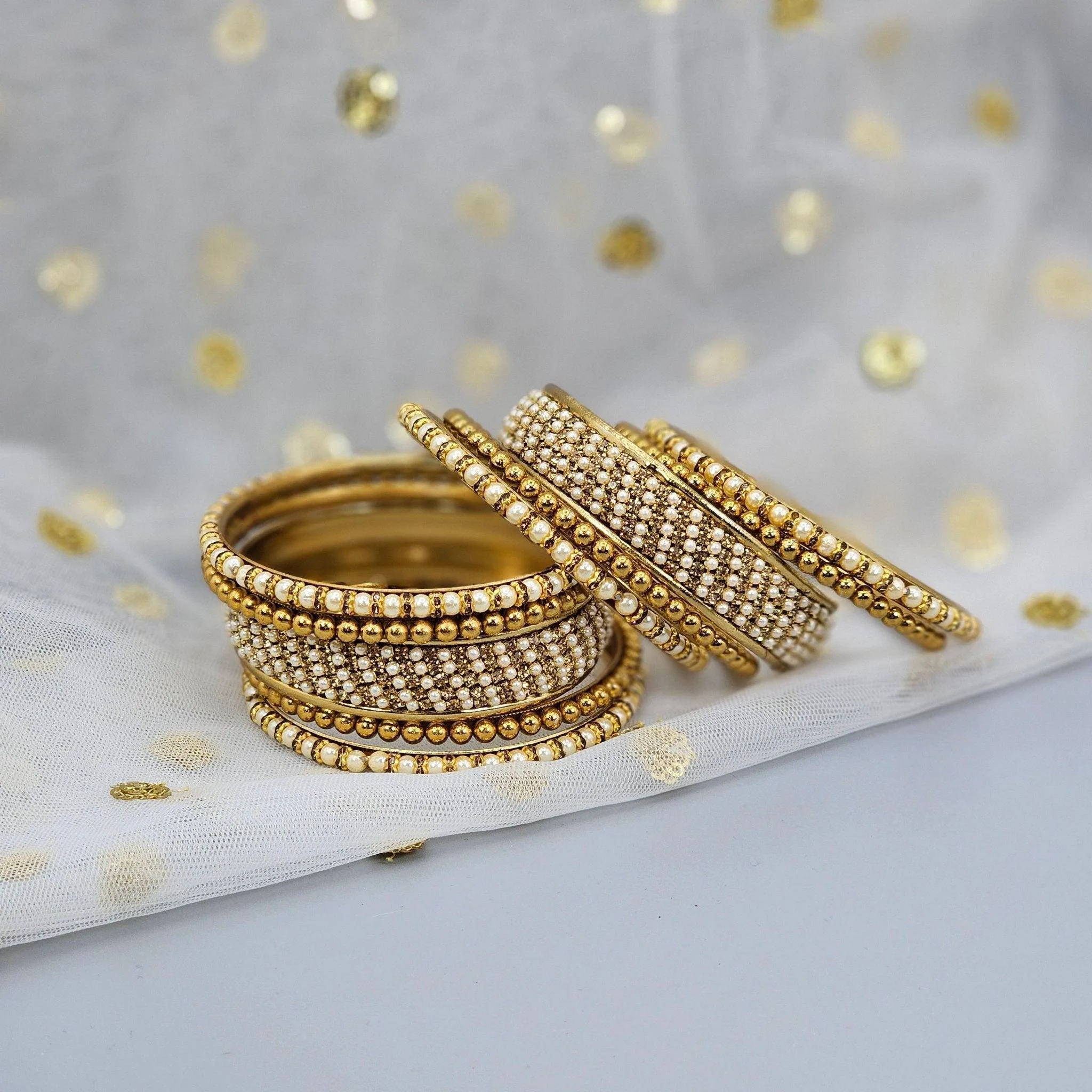 10 Pcs Pearl Bangle set - antique gold