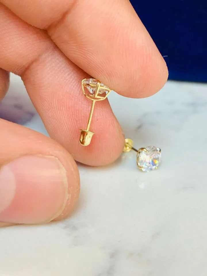 10K Solid Yellow Gold Round Solitaire Cubic Zirconia Screw Back Stud Earring 6mm