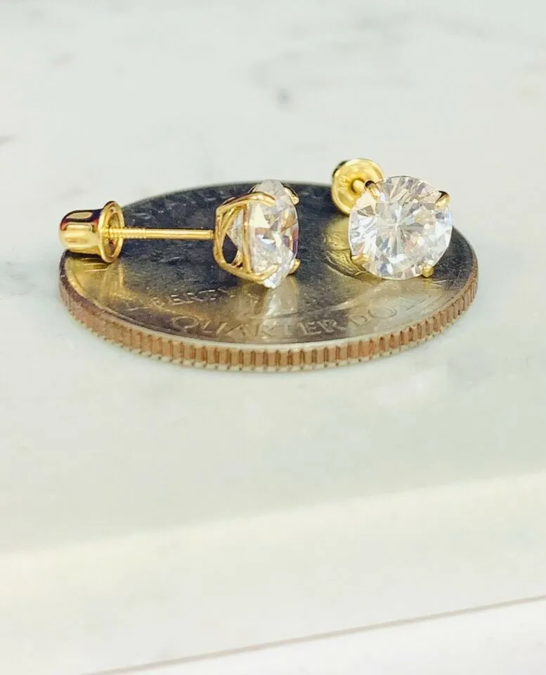 10K Solid Yellow Gold Round Solitaire Cubic Zirconia Screw Back Stud Earring 6mm