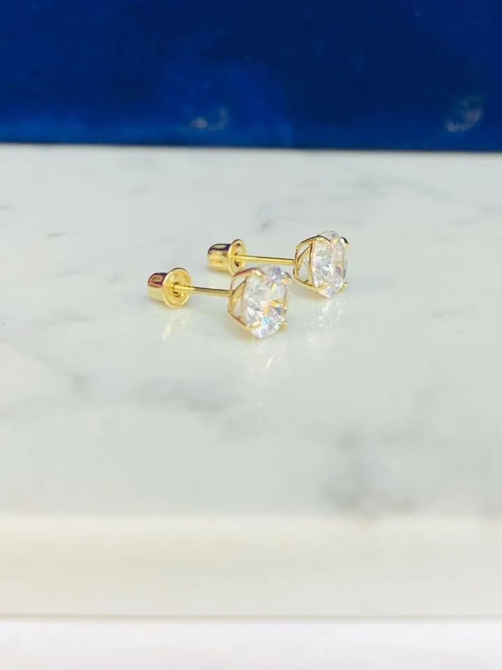 10K Solid Yellow Gold Round Solitaire Cubic Zirconia Screw Back Stud Earring 6mm