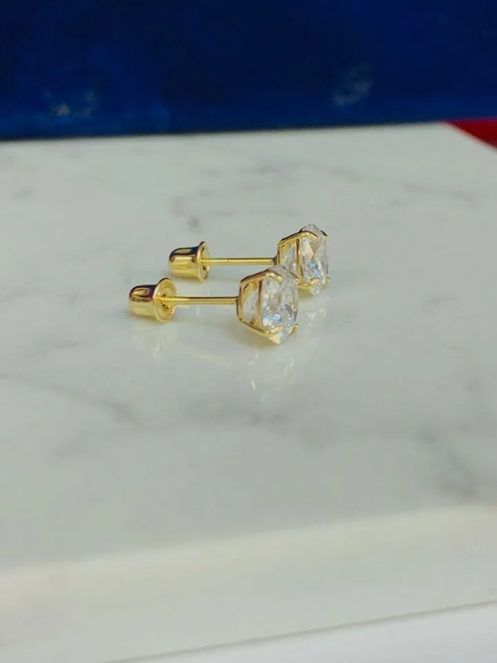 10K Solid Yellow Gold Round Solitaire Cubic Zirconia Screw Back Stud Earring 6mm