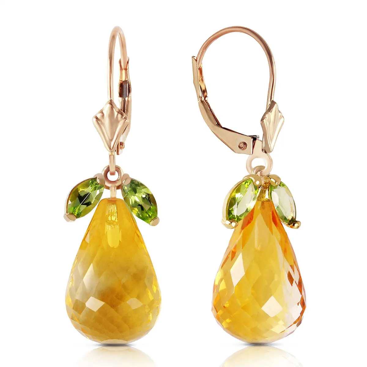 14.4 Carat 14K Solid Yellow Gold Leverback Earrings Peridot Citrine