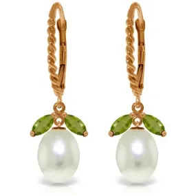14K Solid Rose Gold Leverback Earrings Peridot & Pearl