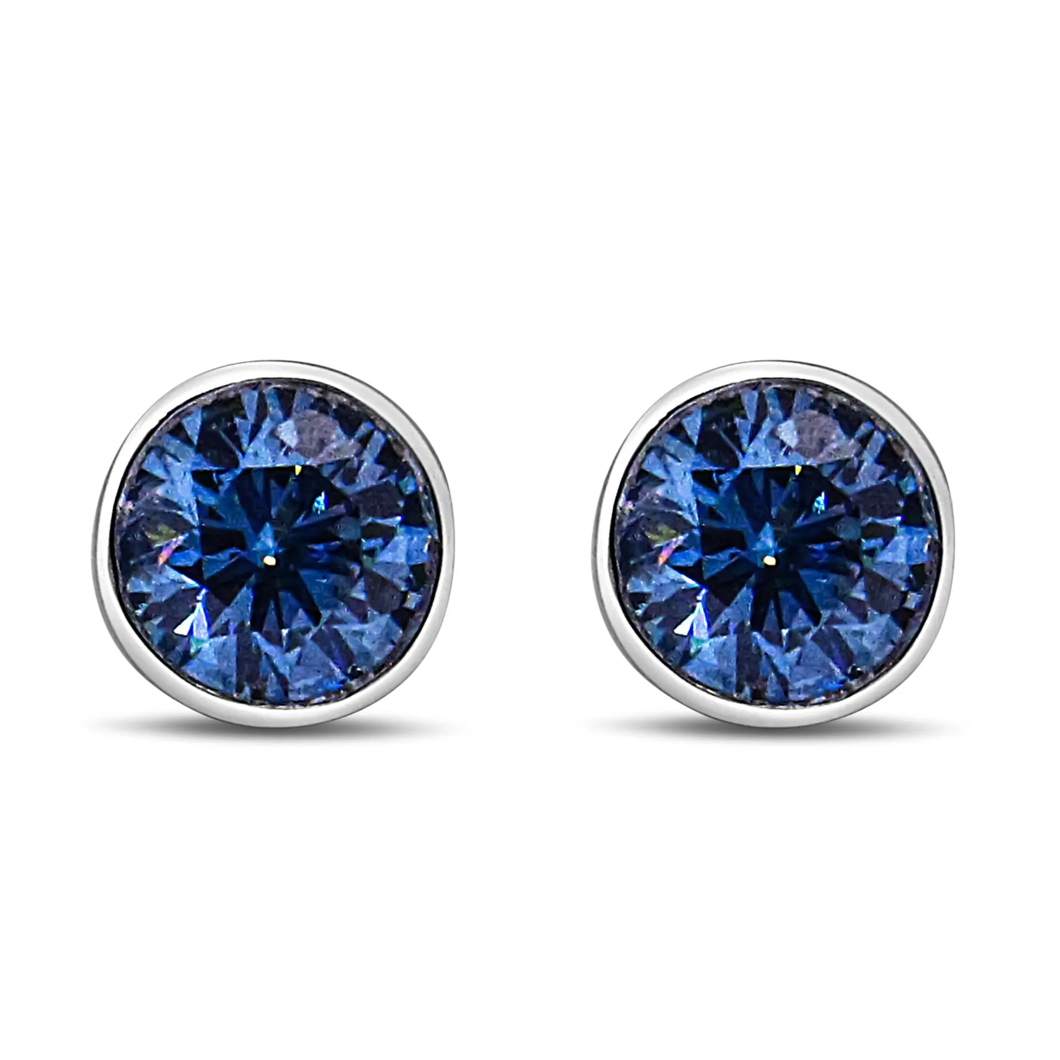 14K White Gold 1.0 Cttw Blue Lab Grown Diamond Screw-Back Classic Bezel Solitaire Stud Earrings (Blue Color, VS2-SI1 Clarity)