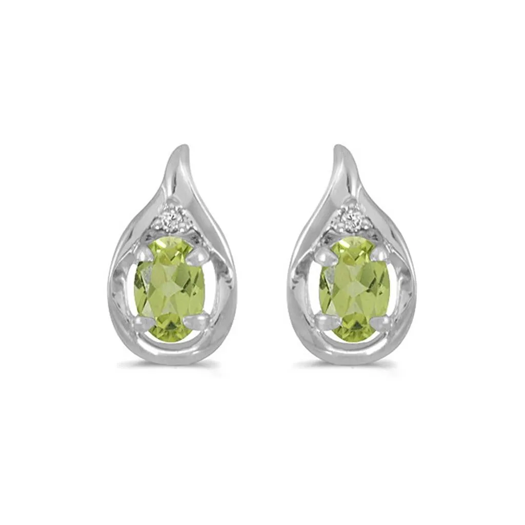 14k White Gold Oval Peridot And Diamond Earrings