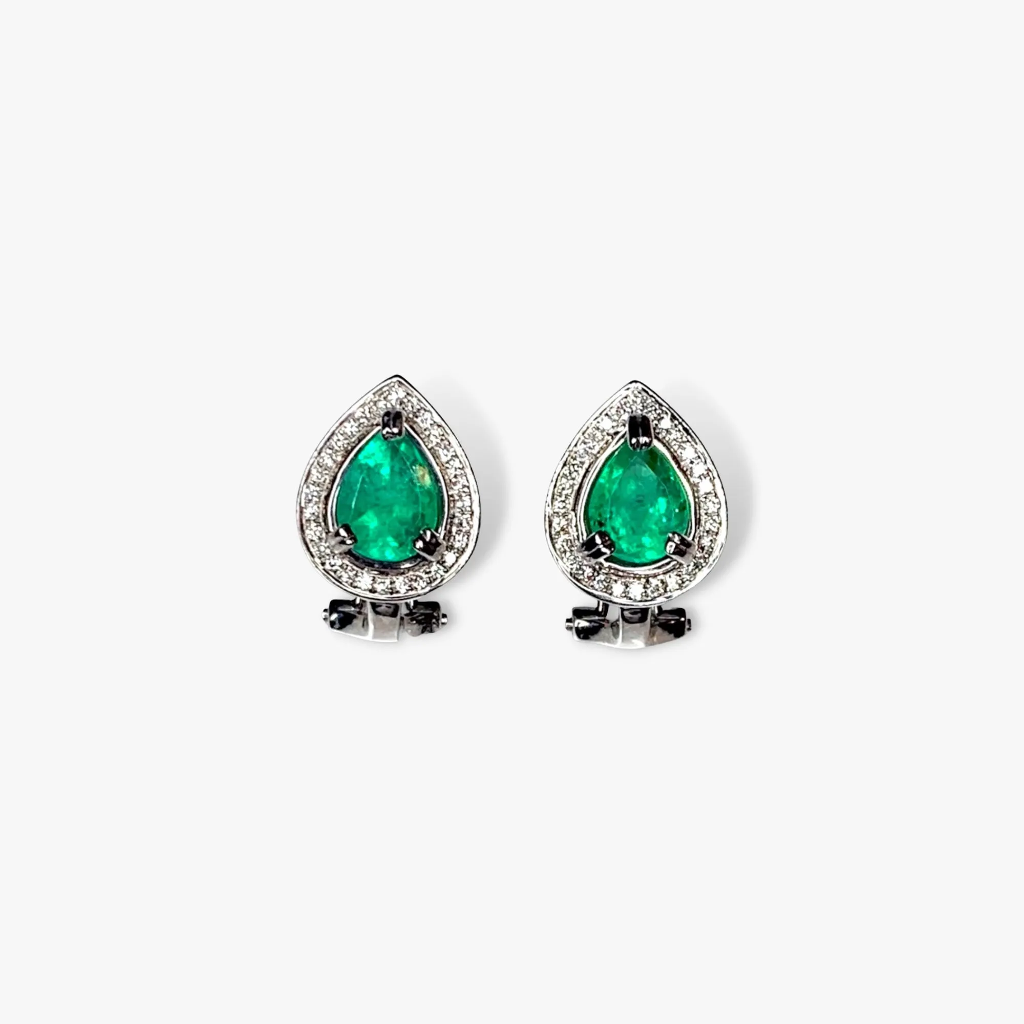 14k White Gold Pear-Shaped Emerald Diamond Halo Earrings