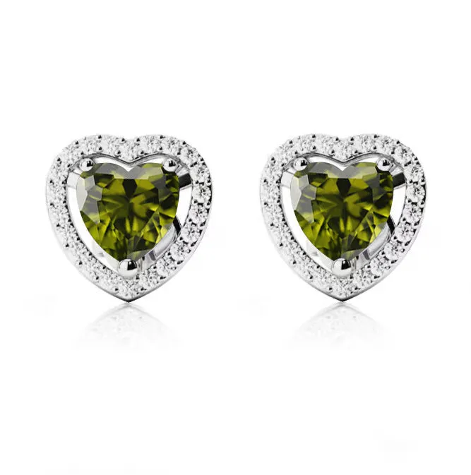 14k White Gold Plated 1/2 Ct Created Halo Heart Peridot Stud Earrings