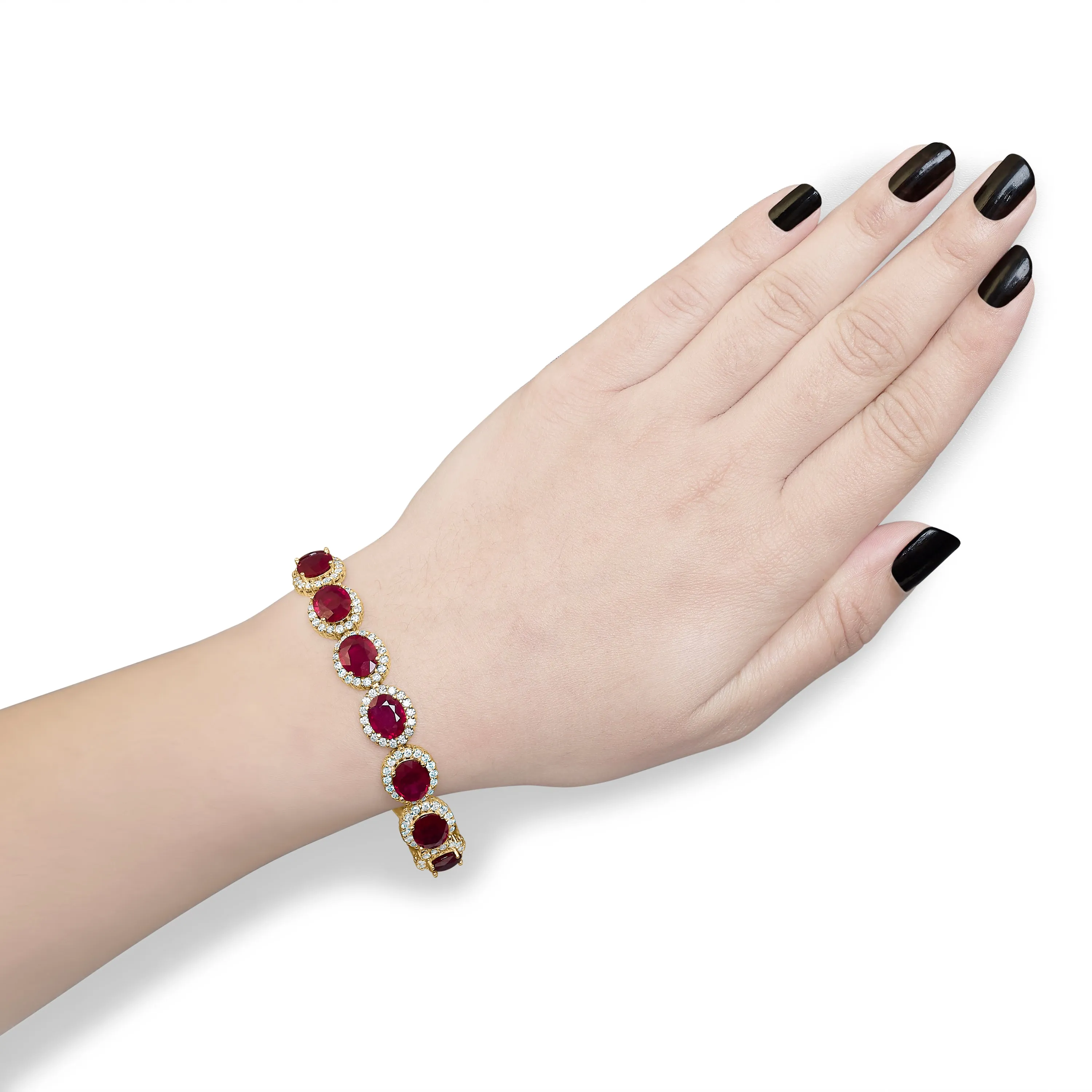 14K Yellow Gold 6 2/5 Cttw Diamond and 34.0 Cttw Oval Red Ruby Halo Link Bracelet