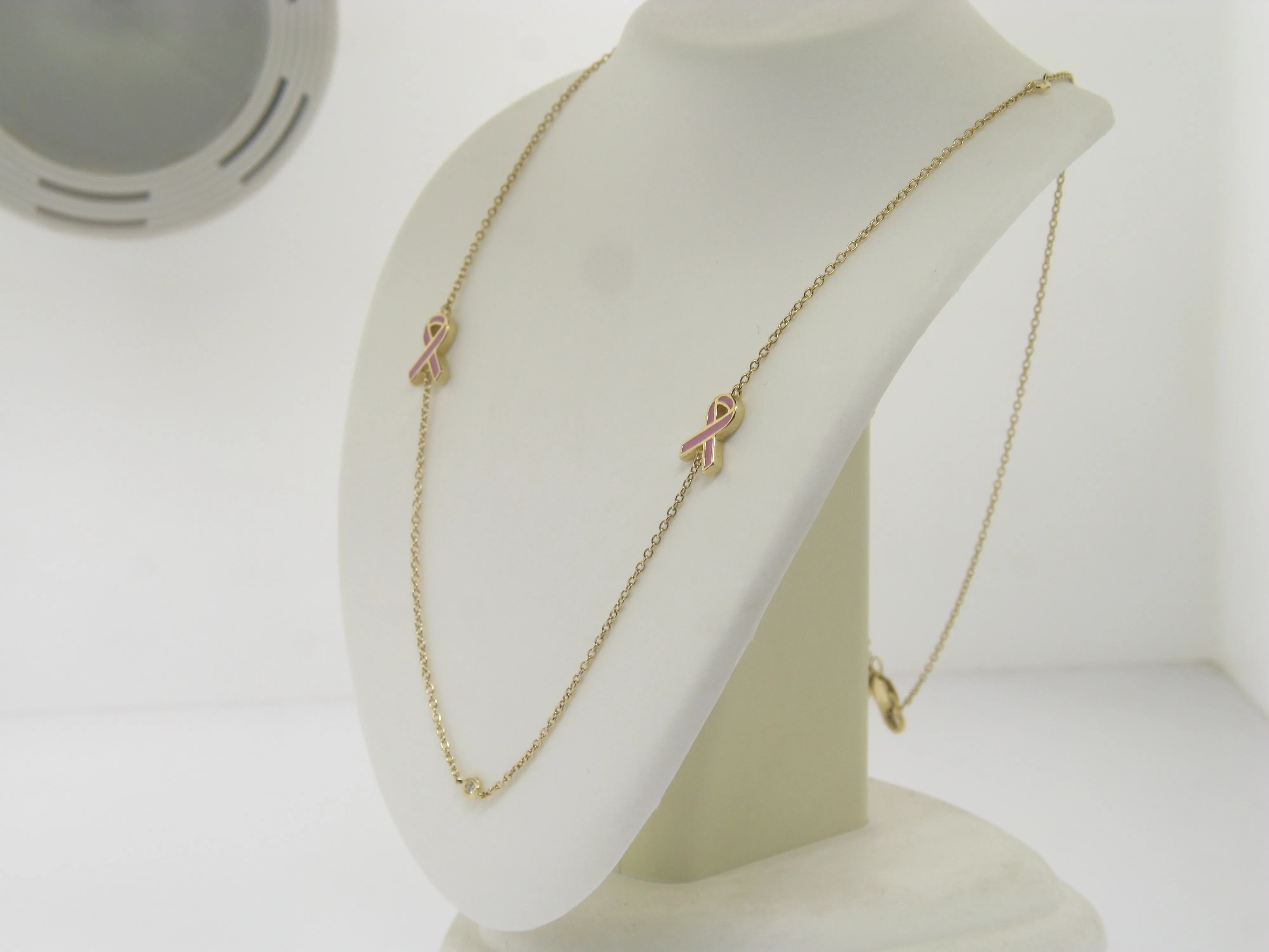 14K Yellow Gold Diamond 18" Necklace (3) Diamonds with Enamel Ribbons (New)