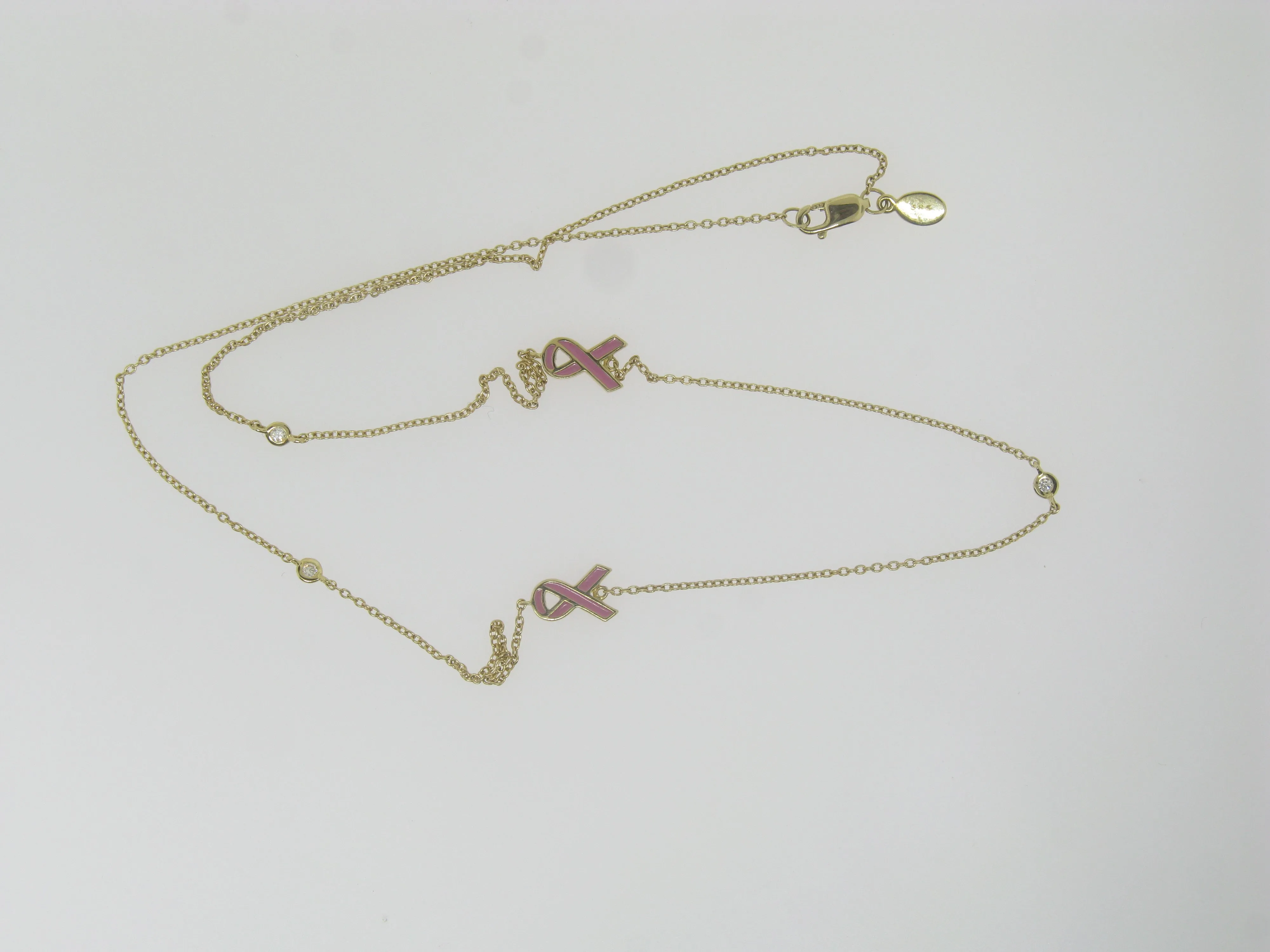 14K Yellow Gold Diamond 18" Necklace (3) Diamonds with Enamel Ribbons (New)