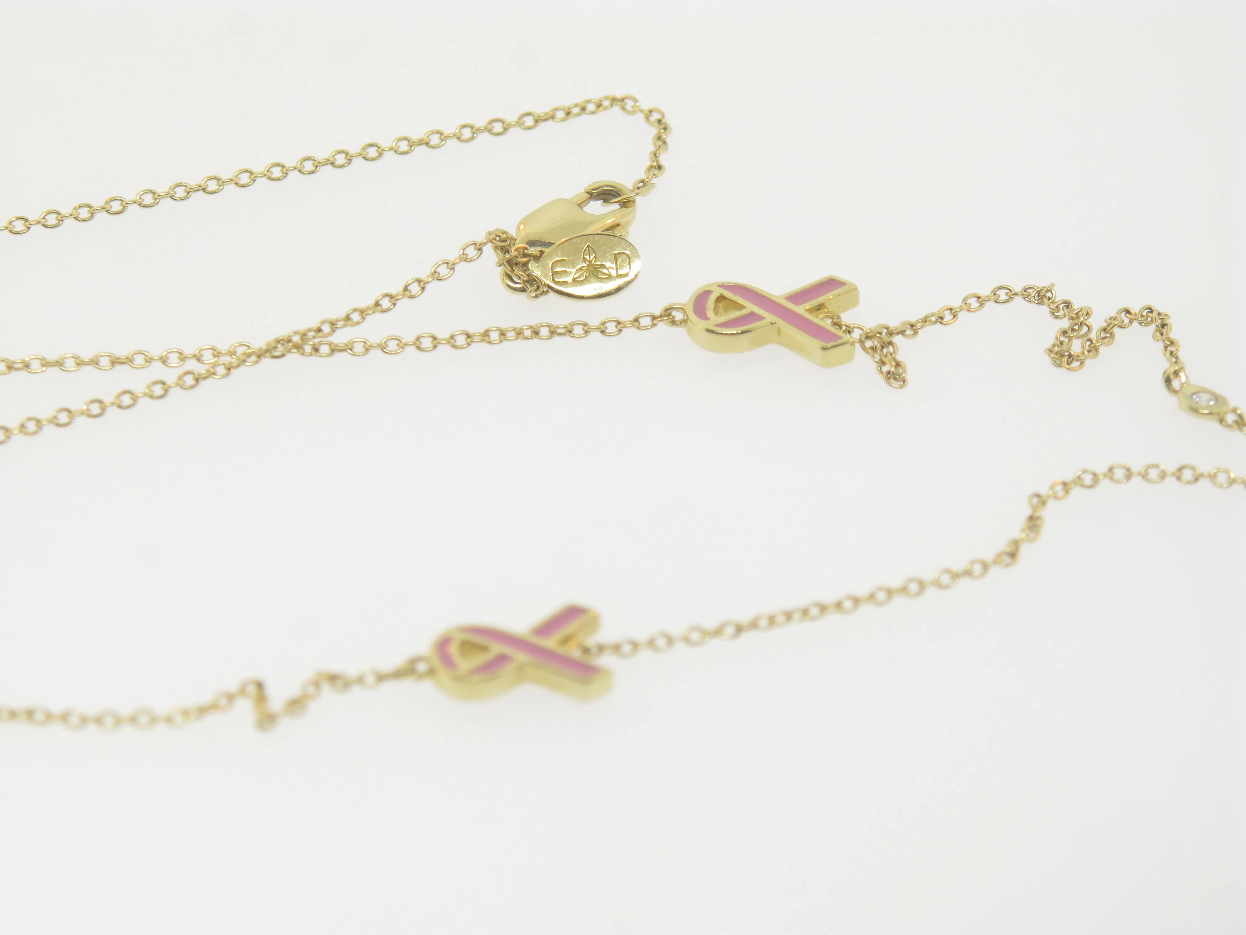 14K Yellow Gold Diamond 18" Necklace (3) Diamonds with Enamel Ribbons (New)