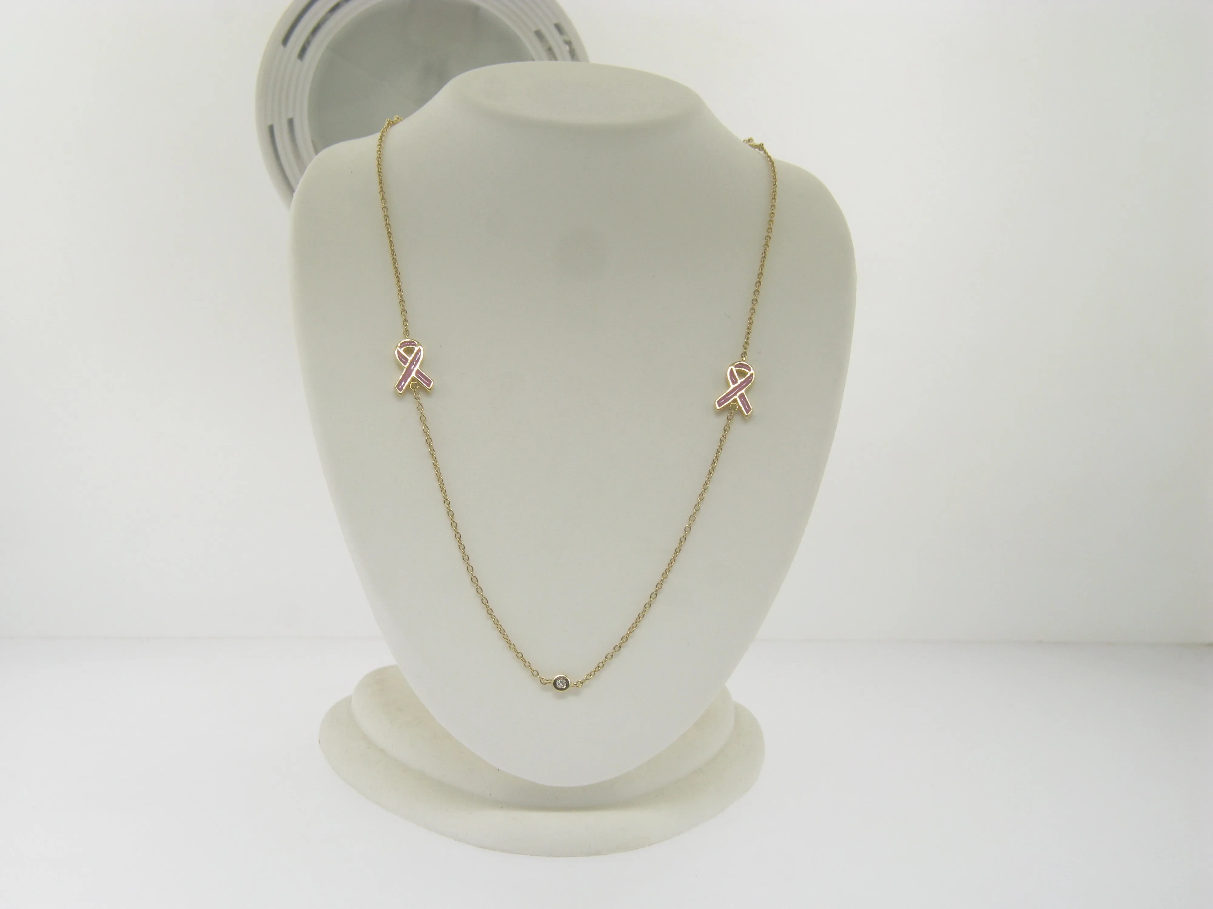 14K Yellow Gold Diamond 18" Necklace (3) Diamonds with Enamel Ribbons (New)