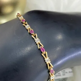 14K Yellow Gold Fashion Bracelet With Diamond/Ruby / 5.4gr / 3.4mm / 7in