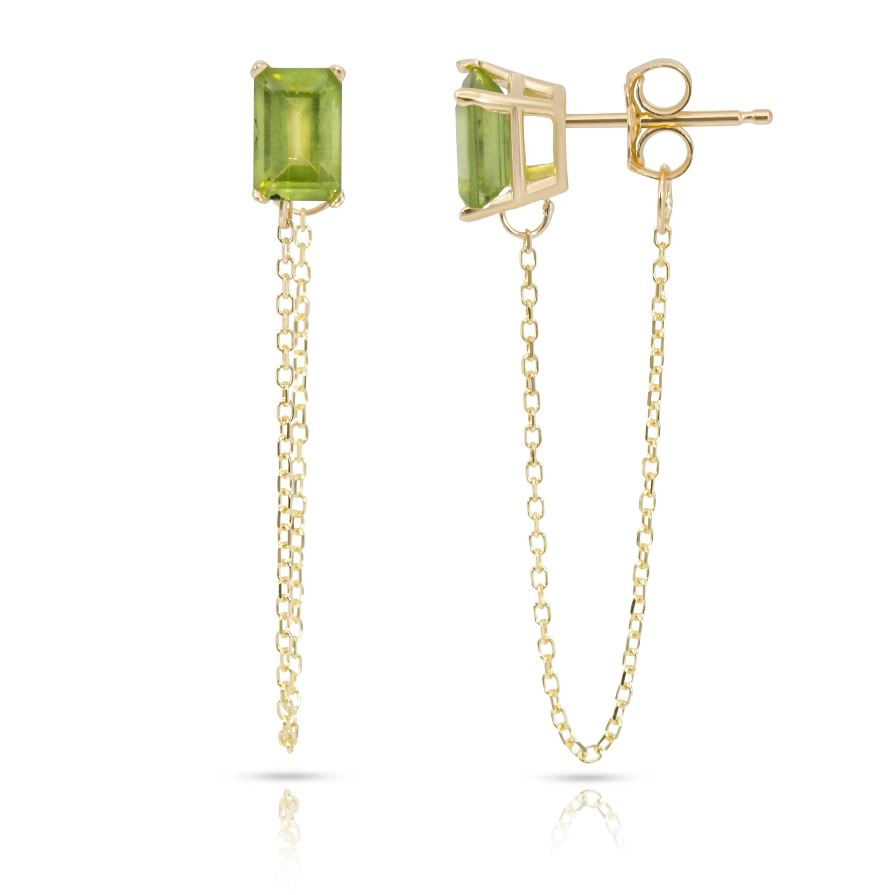 14K Yellow Gold Single Emerald Cut Peridot Gemstone Chain Studs Earrings