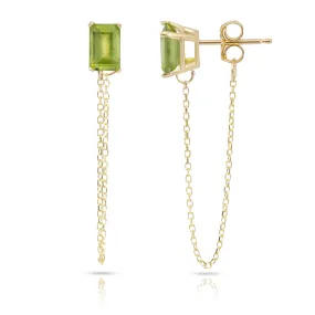 14K Yellow Gold Single Emerald Cut Peridot Gemstone Chain Studs Earrings