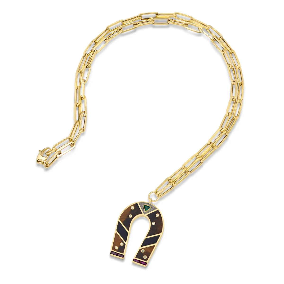 14K Yellow Gold Tiger's Eye and Onyx Horseshoe Necklace