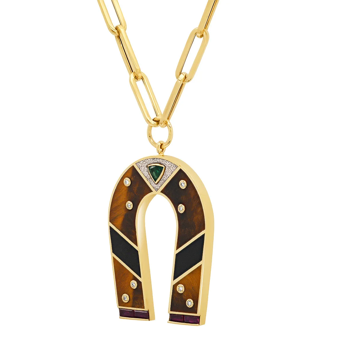 14K Yellow Gold Tiger's Eye and Onyx Horseshoe Necklace