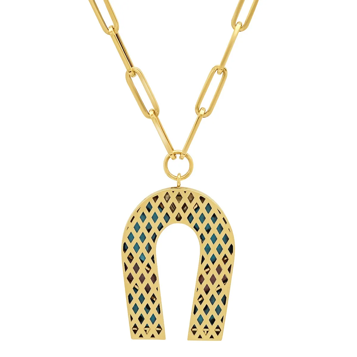 14K Yellow Gold Tiger's Eye and Onyx Horseshoe Necklace