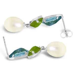 16.6 Carat 14K Solid White Gold Earrings Peridot, Blue Topaz Pearl