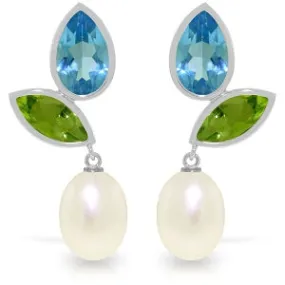 16.6 Carat 14K Solid White Gold Earrings Peridot, Blue Topaz Pearl