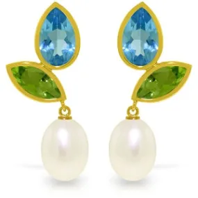 16.6 Carat 14K Solid Yellow Gold Earrings Peridot, Blue Topaz Pearl