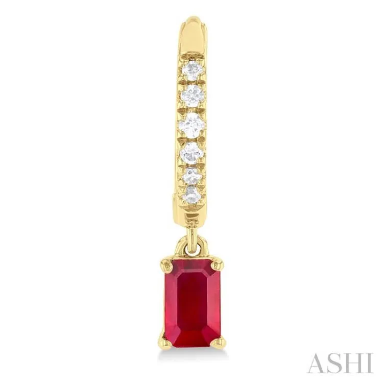 1/8 ctw Petite 5X3MM Ruby Drop and Round Cut Diamond Precious Fashion Huggies in 10K Yellow Gold