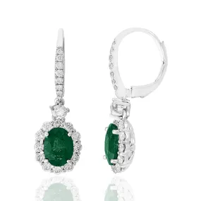 18K Gold Emerald and Diamond Halo Drop Earrings
