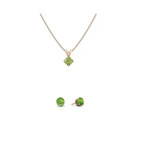 18K Rose Gold 1ct Peridot Square 18 Inch Necklace and Round Earrings Set Plated