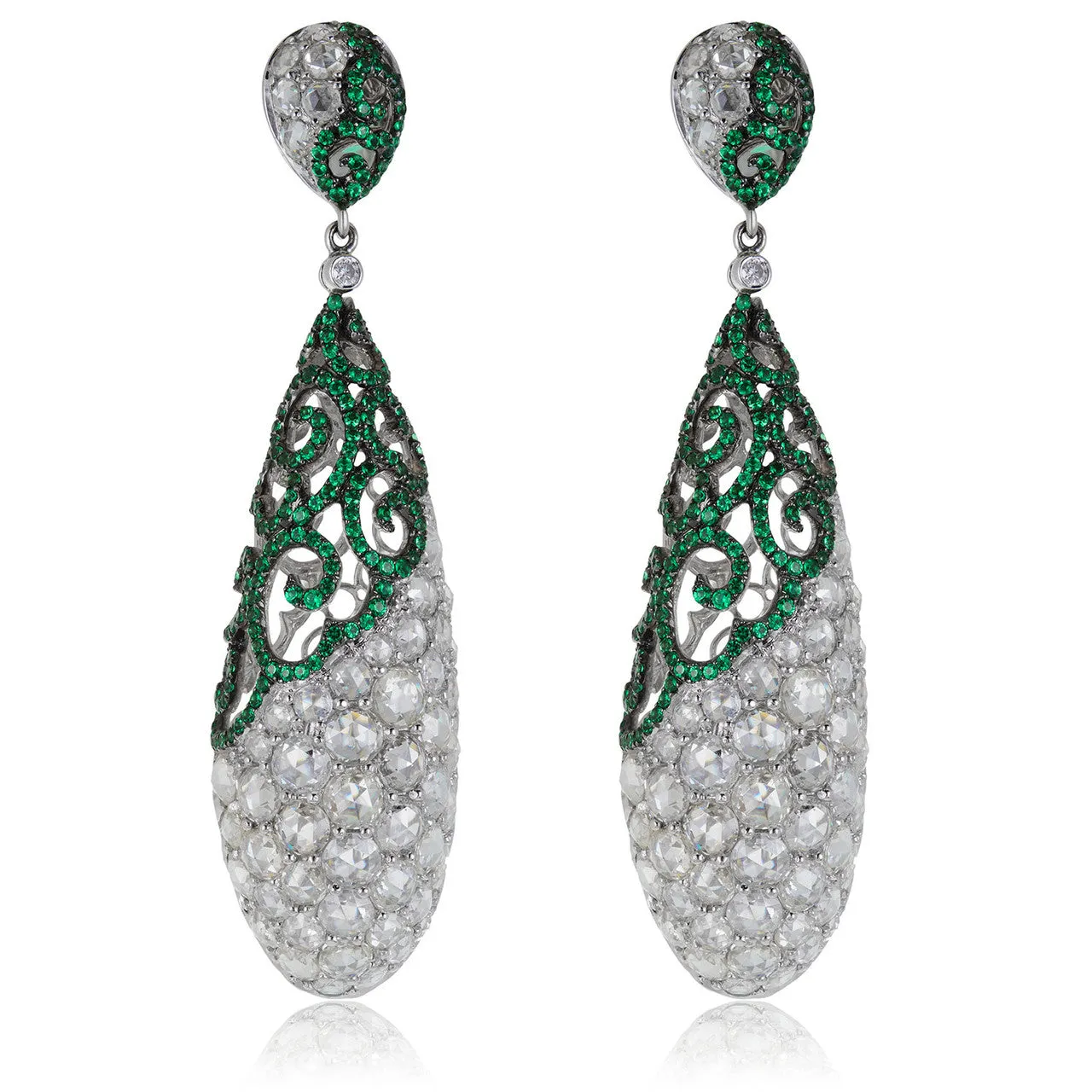 18K White Gold 14.39ct Diamond and Emerald Drop Earrings