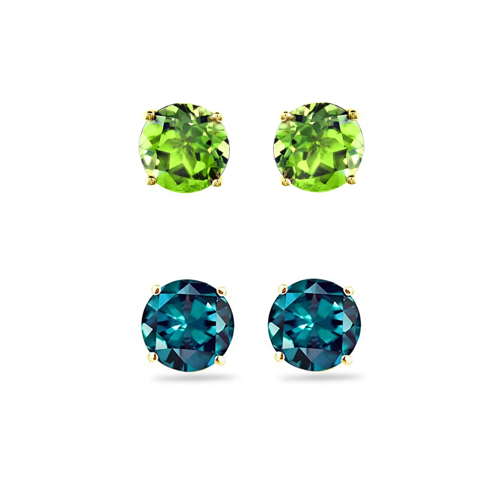18k Yellow Gold Plated 2Ct Created Peridot and Alexandrite 2 Pair Round Stud Earrings
