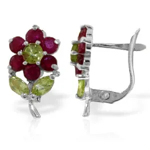 2.12 Carat 14K Solid White Gold Flowers Stud Earrings Ruby Peridot