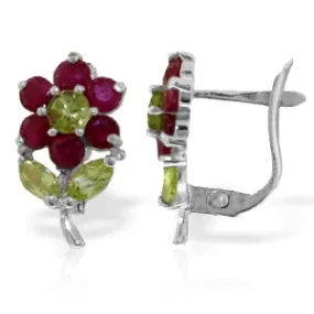 2.12 Carat 14K Solid White Gold Flowers Stud Earrings Ruby Peridot