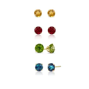 24k Yellow Gold Plated 3Ct Created Citrine, Garnet, Peridot and Alexandrite 4 Pair Round Stud Earrings
