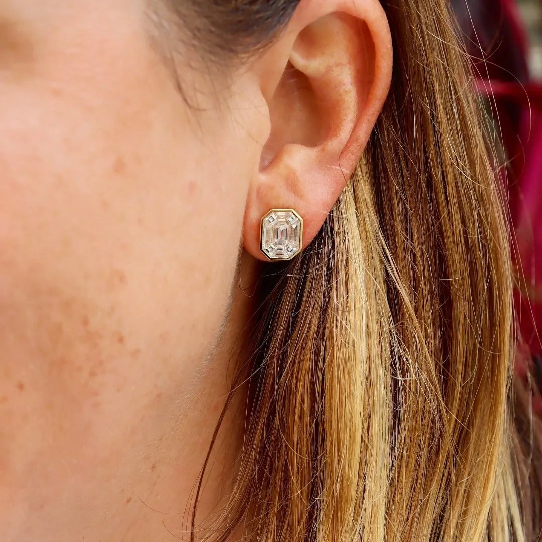 2ctw Diamond Emerald-Cut Illusion 14K Yellow Gold Earrings
