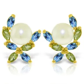 3.25 Carat 14K Solid Yellow Gold Stud Earrings Peridot, Blue Topaz Pearl