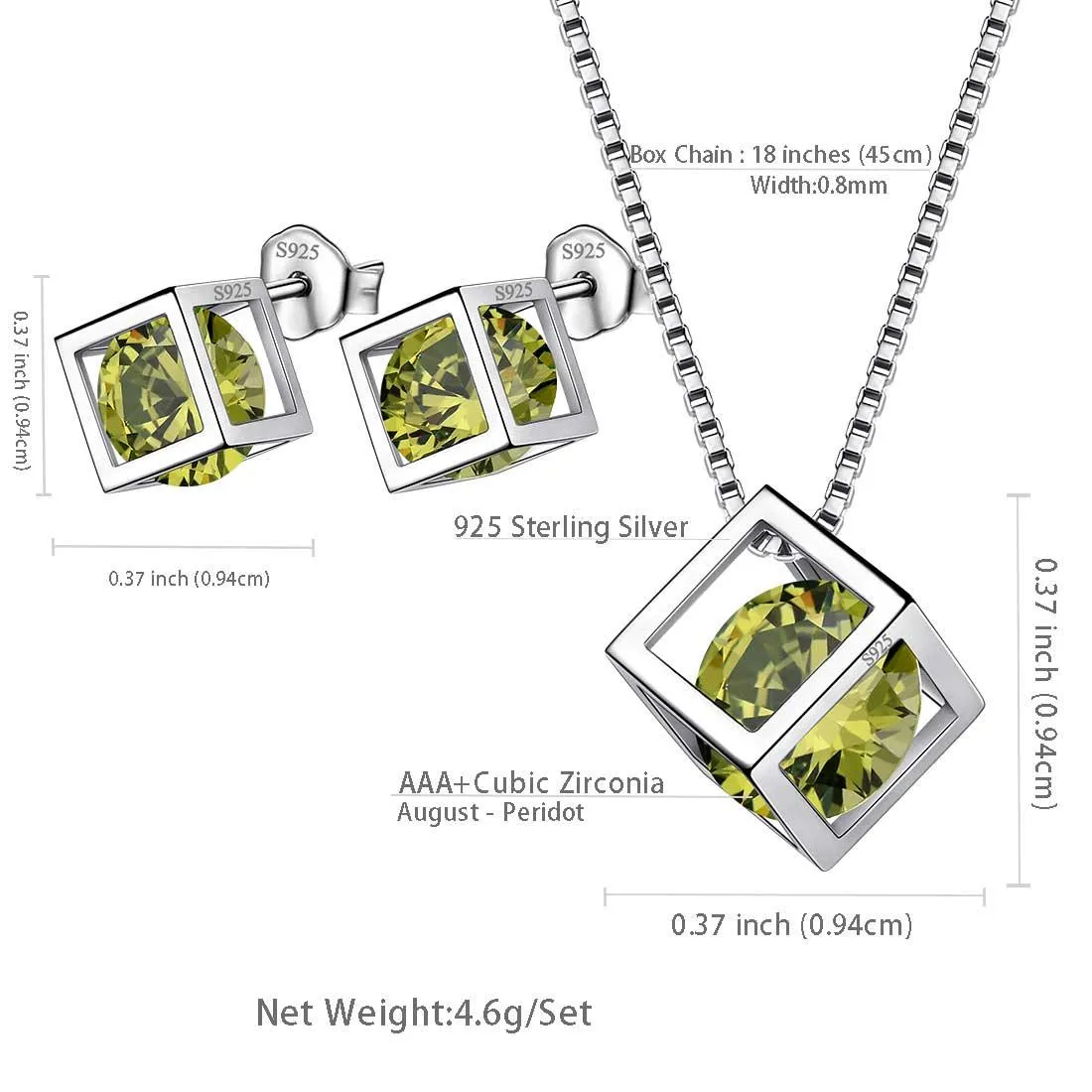 3D Cube Birthstone August Peridot Jewelry Set 3PCS Women Girls Birthday Gift