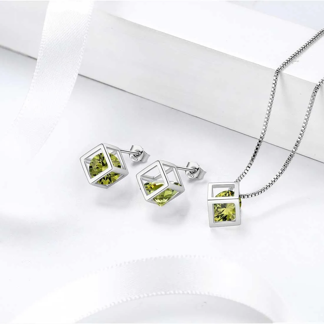 3D Cube Birthstone August Peridot Jewelry Set 3PCS Women Girls Birthday Gift