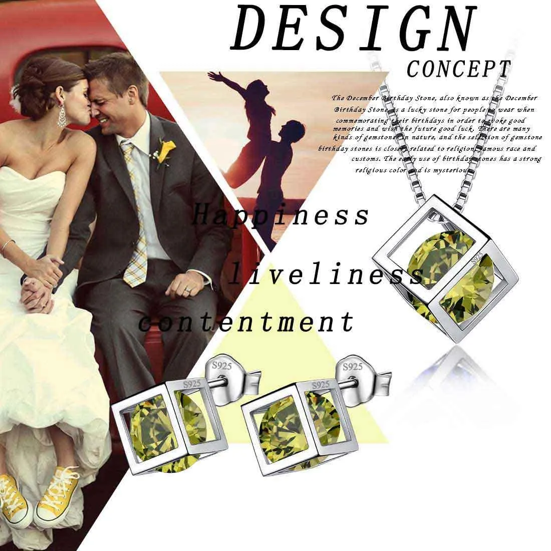 3D Cube Birthstone August Peridot Jewelry Set 3PCS Women Girls Birthday Gift