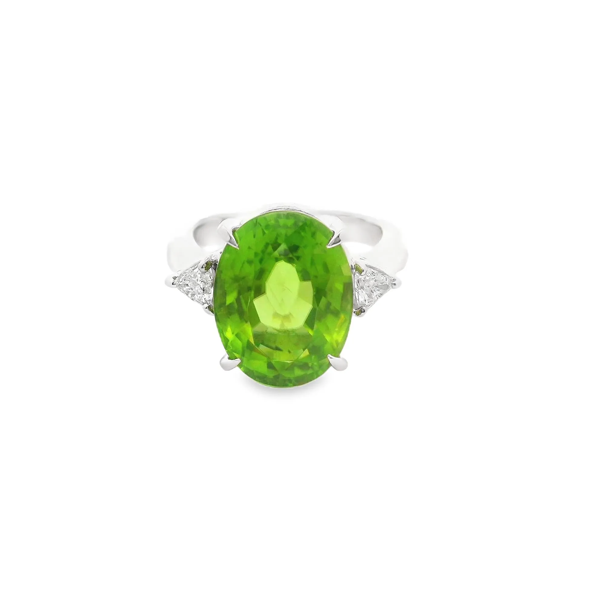 9.61 Carat Peridot Diamond 3-Stone Platinum Ring
