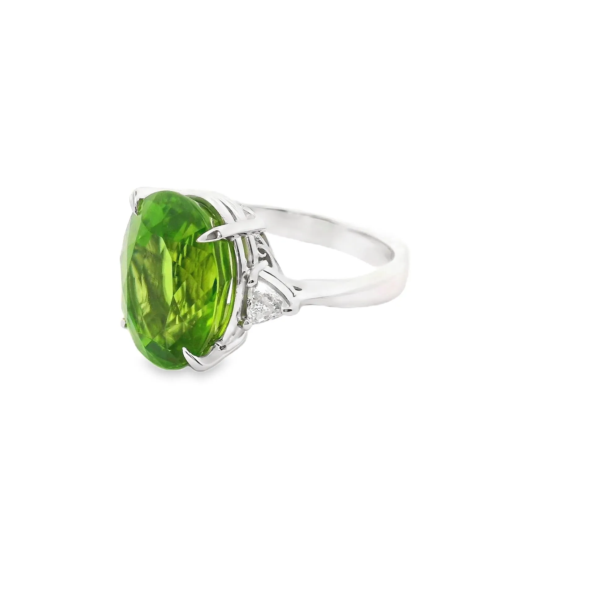 9.61 Carat Peridot Diamond 3-Stone Platinum Ring