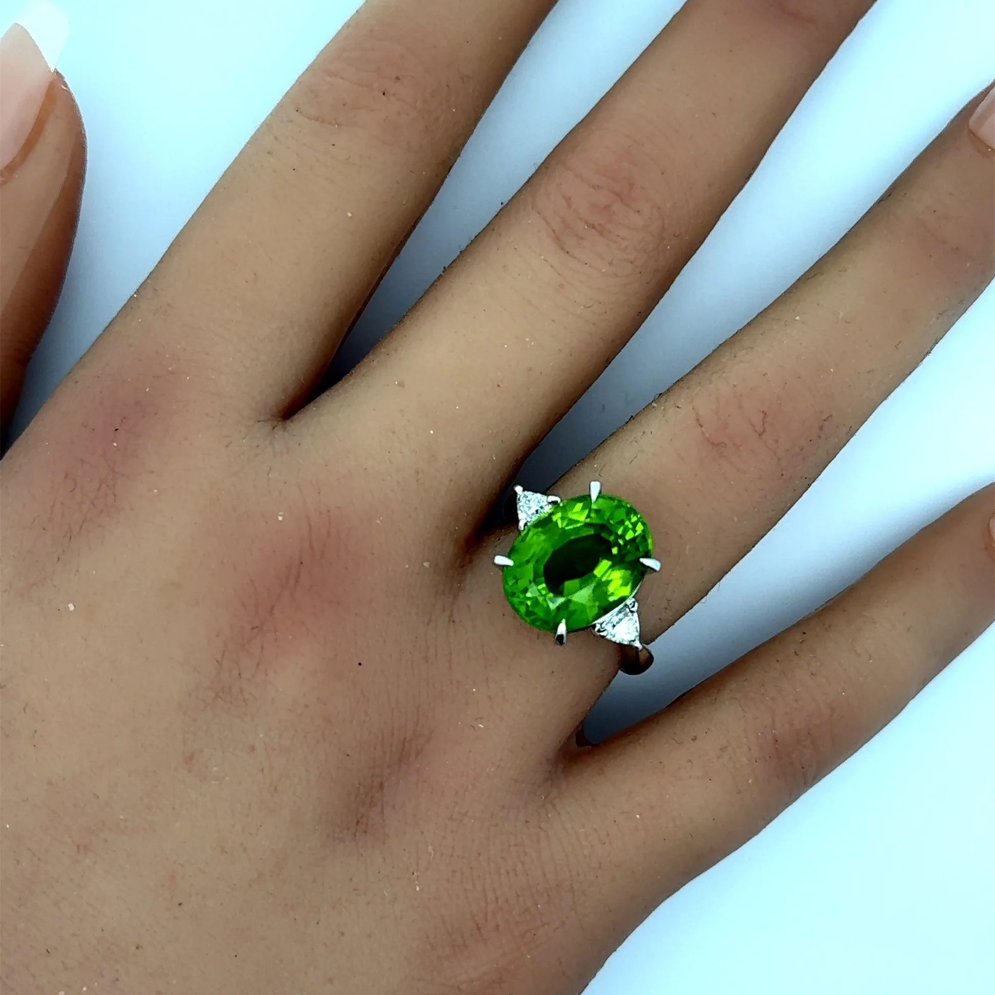 9.61 Carat Peridot Diamond 3-Stone Platinum Ring